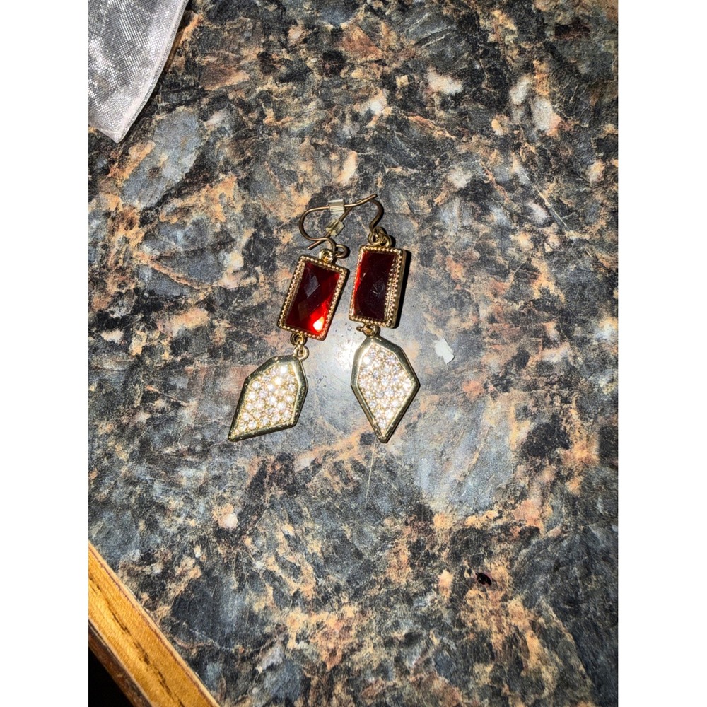 Gold Tone Red Faux Gemstone Pavé Crystal Geometric Drop Earrings Women Statement